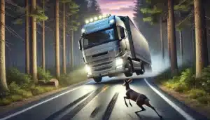 DALL·E 2024 12 17 16.09.18 A large 18 wheeler truck swerving to avoid a deer on a forested highway during twilight. The truck is angled sharply to the side, with its headlights